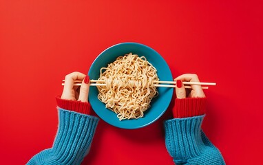 Wall Mural - Woman's hands holding a bowl of instant noodles on a red background