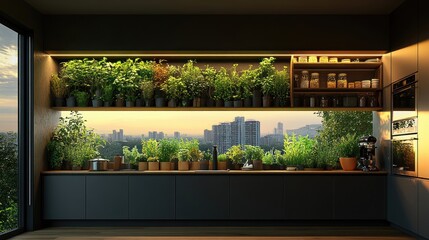 Wall Mural - Modern Kitchen with Herb Garden and City View