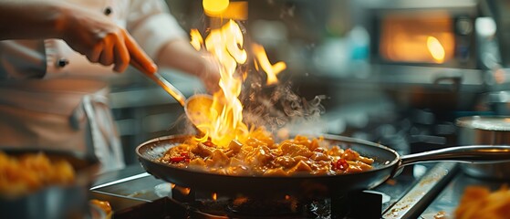 Gourmet food being prepared in restaurant kitchen, with hot frying pan and flames