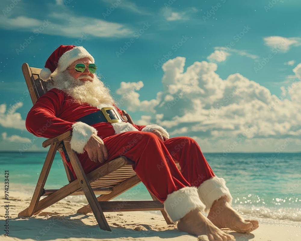Santa Claus lounging in a deckchair, enjoying the ocean view, tropical ...