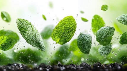 Fresh mint leaves in motion with water droplets Generative AI