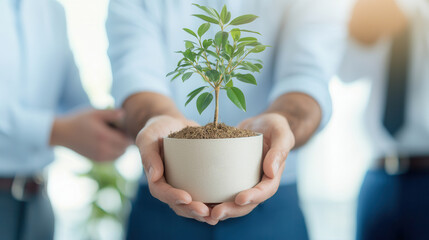 Canvas Print - Hands holding small potted plant.