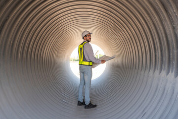 Young mechanical engineer holding blueprint drawing to checking and inspection pipeline system new construction project of industrial.