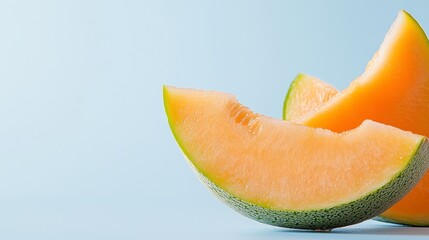  Two slices of watermelon placed side by side on a light blue tabletop against a gentle blue backdrop