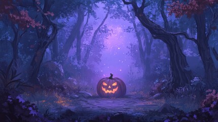 Halloween pumpkin glowing in dark forest at night