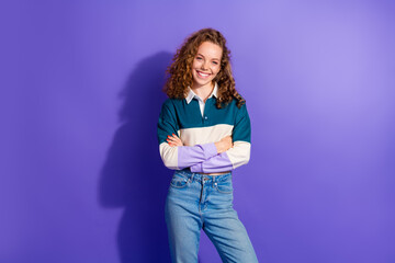 Wall Mural - Photo of nice charming young girl crossed arms posing isolated on violet color background