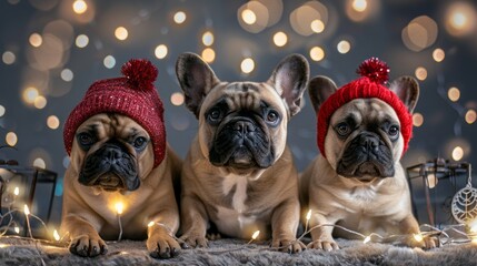 Wall Mural - Three dogs wearing red hats are sitting on a rug