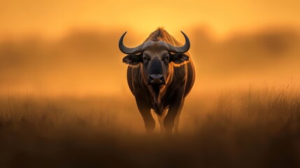  A bull stands amidst tall grasses with a yellow sky as its backdrop