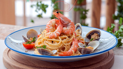 Poster - A plate of creamy seafood spaghetti carbonara garnished with shrimp and lobster, served in a cozy restaurant setting with a soft blurred background. 