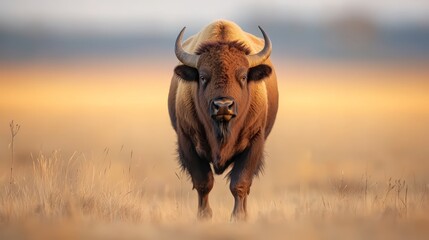  A large brown buffalo stands in a dry grass field The hazy sky forms a blurred backdrop, while the foreground showcases brown grasses