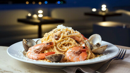 Poster - A plate of creamy seafood spaghetti carbonara garnished with shrimp and lobster, served in a cozy restaurant setting with a soft blurred background. 