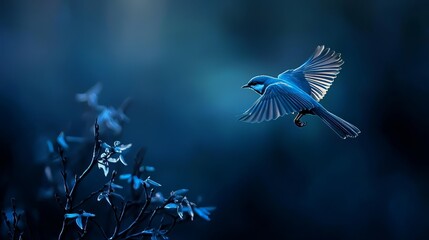  A blue bird flies above a tree adorned with numerous blue leaves against a dark blue backdrop; a tree branch emerges in the foreground