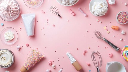 Wall Mural - Whipped Cream  Sprinkles and Whiskers on Pink Background