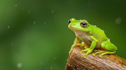  A green frog perched on a tree branch in the rain, drops of water cascading onto its face