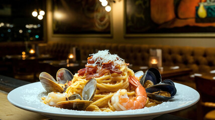 Wall Mural - A plate of creamy seafood spaghetti carbonara garnished with shrimp and lobster, served in a cozy restaurant setting with a soft blurred background. 