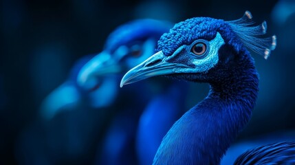  A tight shot of a blue bird with a lengthy beak and neck, accompanied by two smaller birds in the backdrop