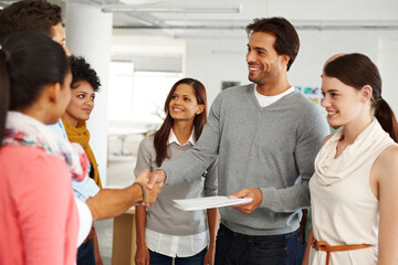 Poster - Man, handshake and welcome with group at startup for b2b collaboration, success or agreement in office. People, shaking hands and thanks with diversity, support or congratulations at creative agency