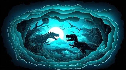 Dramatic scene of two dinosaurs battling under a glowing moon in a mystical forest at night.