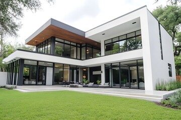 Canvas Print - Modern House with Glass Walls and Lawn