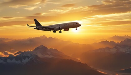 At sunset, the plane glides smoothly under the golden skyline, with hazy mountains and soft flowing clouds in the background, giving a unique and peaceful flight picture.