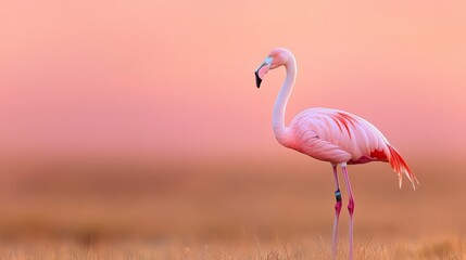  A pink flamingo poses in a field of tall grass, against a backdrop of a rosy-hued sky