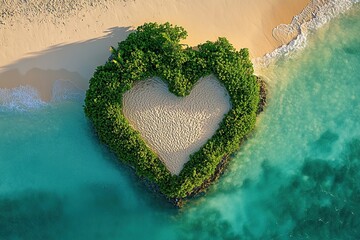 Aerial view of heart-shaped sand on tropical beach with turquoise water