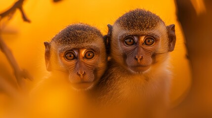  A few monkeys seated together on a lush, green tree leafed branch bathed in yellow light