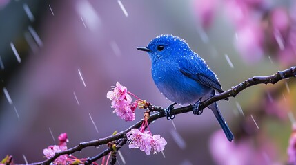 Wall Mural -  A blue bird perches on a cherry blossom branch, amidst light rain; pink petals scattered in the foreground