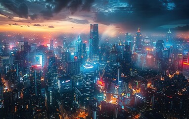 Wall Mural - crowded futuristic city in the night view 