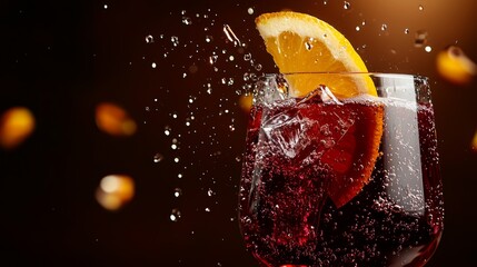 Wall Mural -  A glass of wine with an orange slice at the rim, submerged in a splash of water