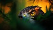 © Wall - A bird of prey in tight focus, gazing from atop a tree branch against a backdrop of vibrant yellow and orange hues