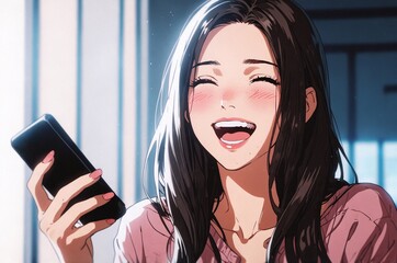 Cute, smiling woman expression while holding a smartphone, anime illustration.