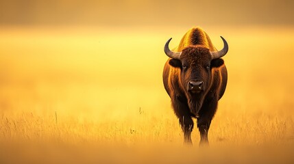  A bison in a field of tall grass with a yellow sunset sky in the background and golden grasses in the foreground