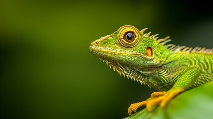  A tight shot of a vibrant green and yellow lizard perched on a lush green leaf, against a softly blurred background