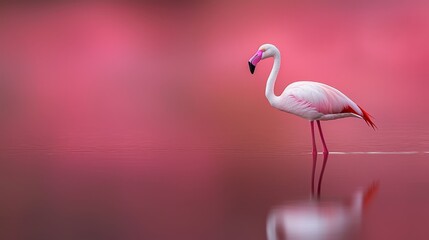  A pink flamingo wades in the water, bending its neck to submerge its head, mirroring its image in the calm surface