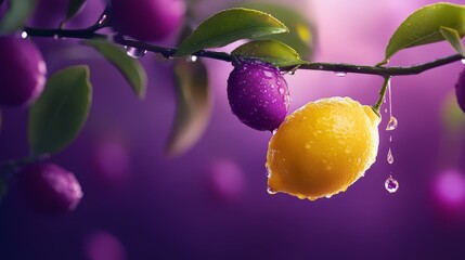 Canvas Print -  A tight shot of a lemon on a branch, adorned with water droplets clinging to its leaves