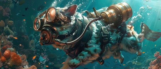 Scuba diving steampunk dog swimming in the ocean illustration