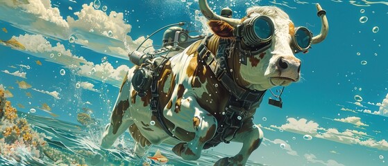 Scuba diving steampunk cow swimming in the ocean illustration