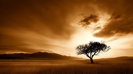 Sticker -  A solitary tree marks the field's center as the sun descends behind distant mountains