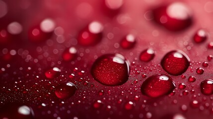 Wall Mural -  A tight shot of water droplets on a scarlet surface against a dark maroon background, with a pastel pink background