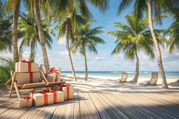 A tropical beach scene with gifts and presents scattered