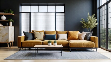 Japandi, minimalist interior design of modern living room with terra cotta sofa and colorful pillows.
