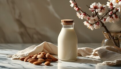 Canvas Print - Stylish Almond Milk Bottles Surrounded by Almonds on Marble Table in a Warm, Inviting Glow