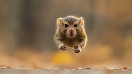  A small rodent jumps, paws touching ground, background blurred