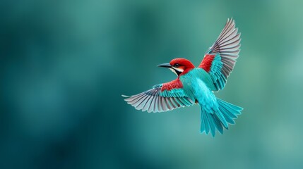  A vibrant bird in flight, wings splayed wide, head tilted to the side