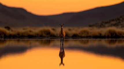 Wall Mural -  A deer at water's edge, mountain range behind