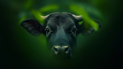  A tight shot of a black cow's face with green foliage on its ears against a black backdrop