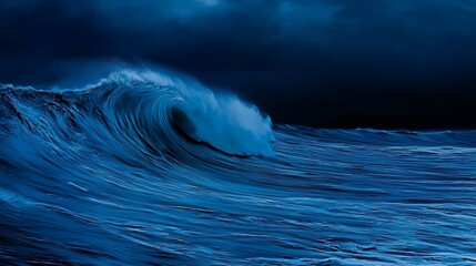  A vast, blue wave dominates the tranquil ocean, its crest towering above the glassy surface Behind it, darkness envelops - the night sky deepening into an