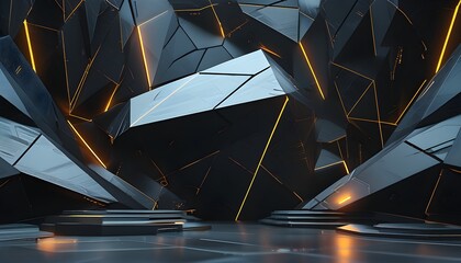 Wall Mural - Futuristic Black Tech Background Featuring Geometric 3D Structures and Abstract Polygonal Triangles in a Minimalistic Dark Design with a Sci-Fi Digital Art Theme