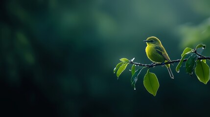  A small yellow bird sits on a tree branch adorned with green leaves against a dark backdrop